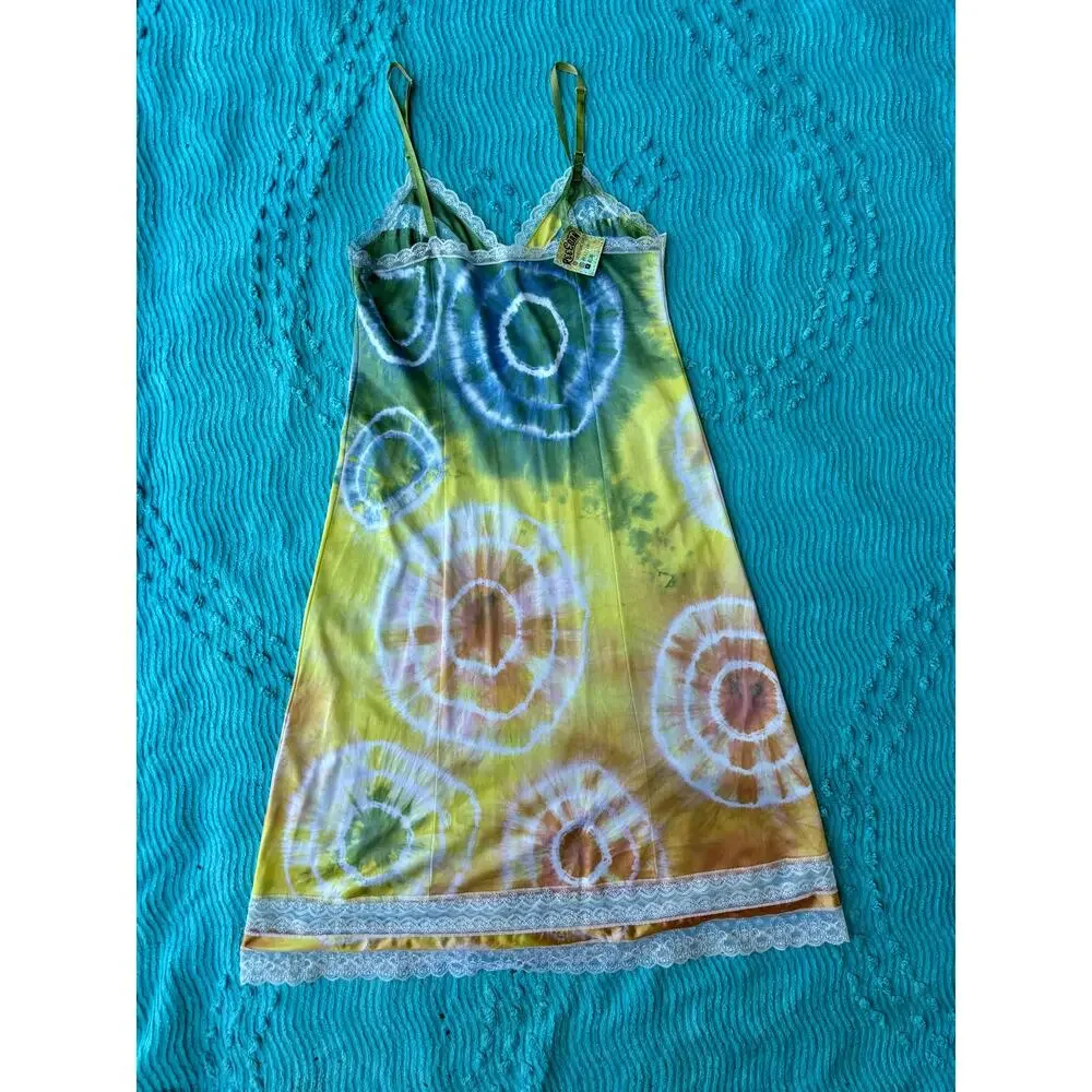 Hand Dyed Vintage Rainbow Multi Color Shibori Dye Slip Dress Reworked Loungewear